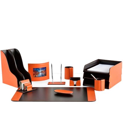 Настольный набор Бизнес, 13 предметов, кожа Сuoietto, цвет оранжевый/шоколад