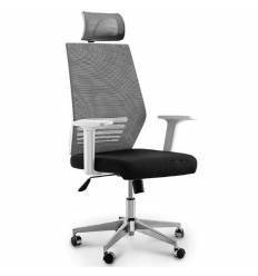 Кресло NORDEN Prestige White Black для руководителя, белый пластик, серая сетка, черная ткань