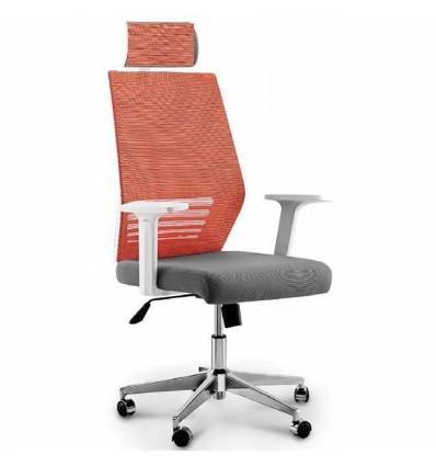 Кресло NORDEN Prestige White Orange Grey для руководителя, белый пластик, оранжевая сетка, серая ткань