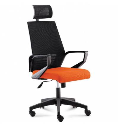 Кресло NORDEN Ergo Black Black Orange для руководителя, черный пластик, черная сетка, оранжевая ткань