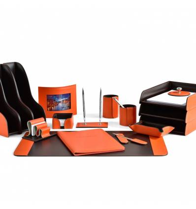 Настольный набор Бизнес, 17 предметов, кожа Сuoietto, цвет оранжевый/шоколад