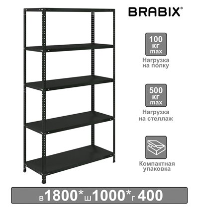 Стеллаж металлический BRABIX ГРАФИТ MS KD-180/40-5, лофт, 1800х1000х400 мм, 5 полок